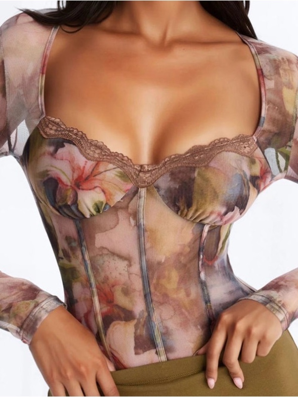 Fashion Nova Sheer Floral Mesh Long Sleeve Bodysuit - Brown Multi